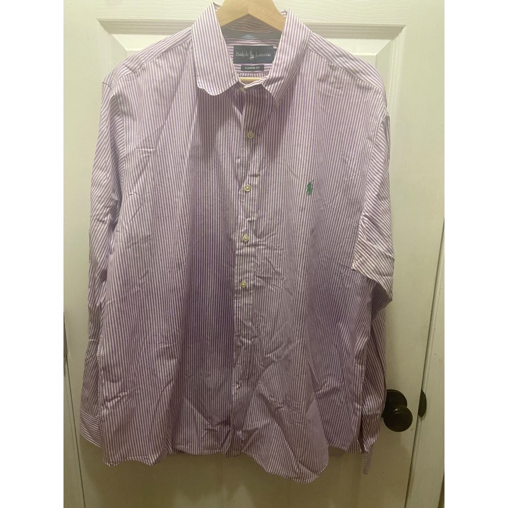 Ralph Lauren Mens Purple/White Striped button down, XL Missing button